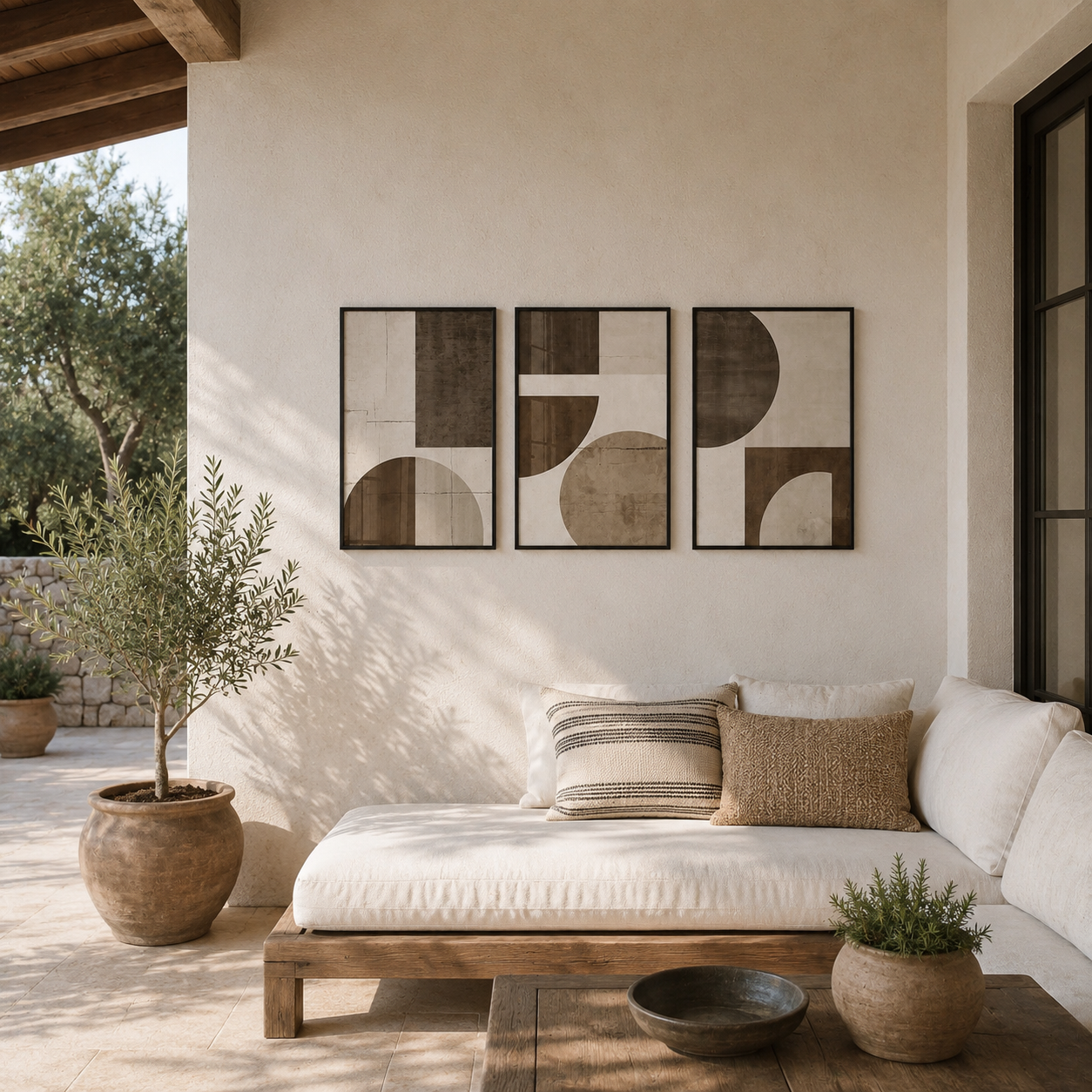 Modern Abstract Geometric Wall Art Set of 3 – Framed Canvas Prints | Minimalist Brown & Beige Wall Decor (30 × 40 cm / 12 × 16 in)