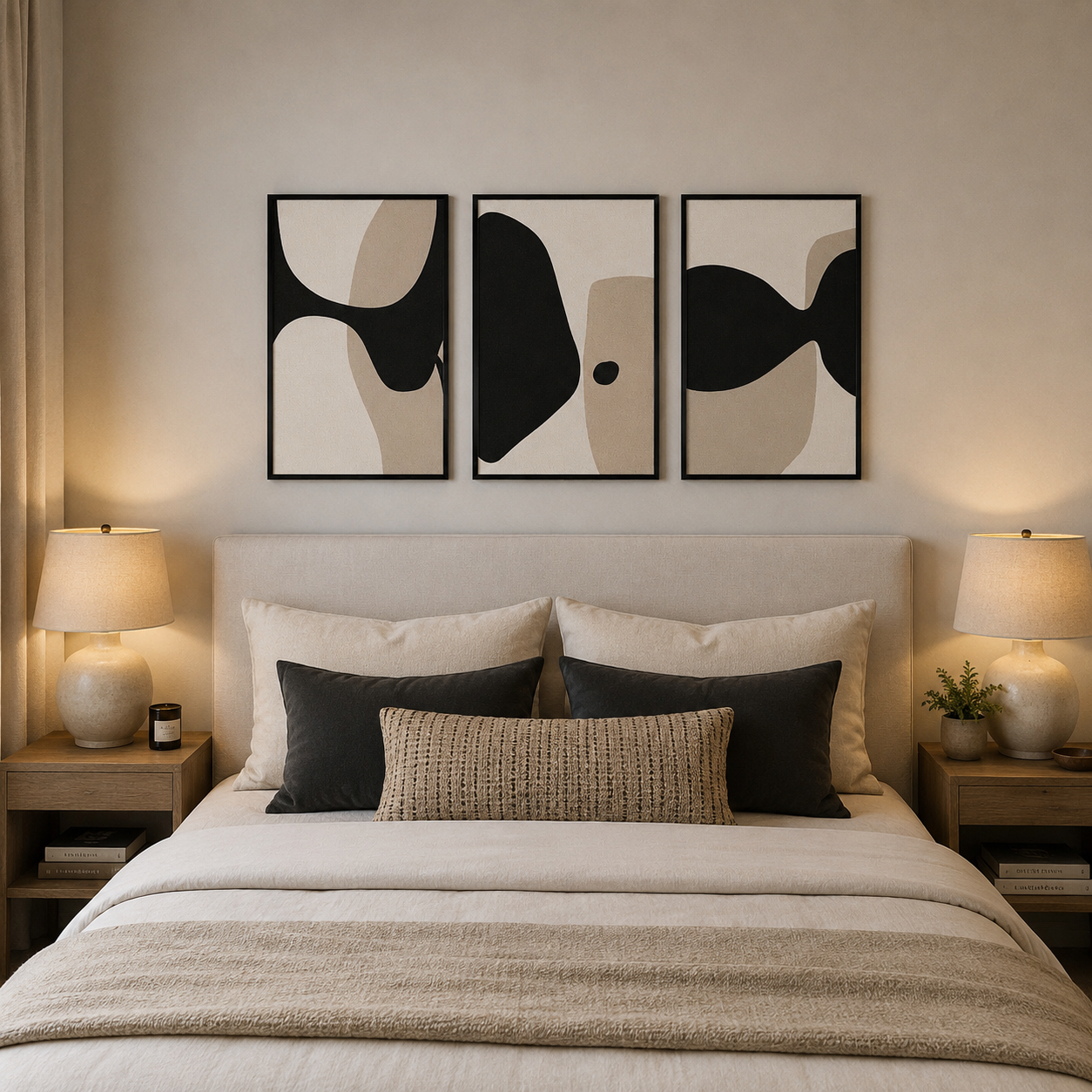 Modern Abstract Black & Beige Wall Art Set of 3 | Minimalist Framed Canvas Prints | Contemporary Neutral Wall Decor | 30 × 40 cm (12 × 16 in)