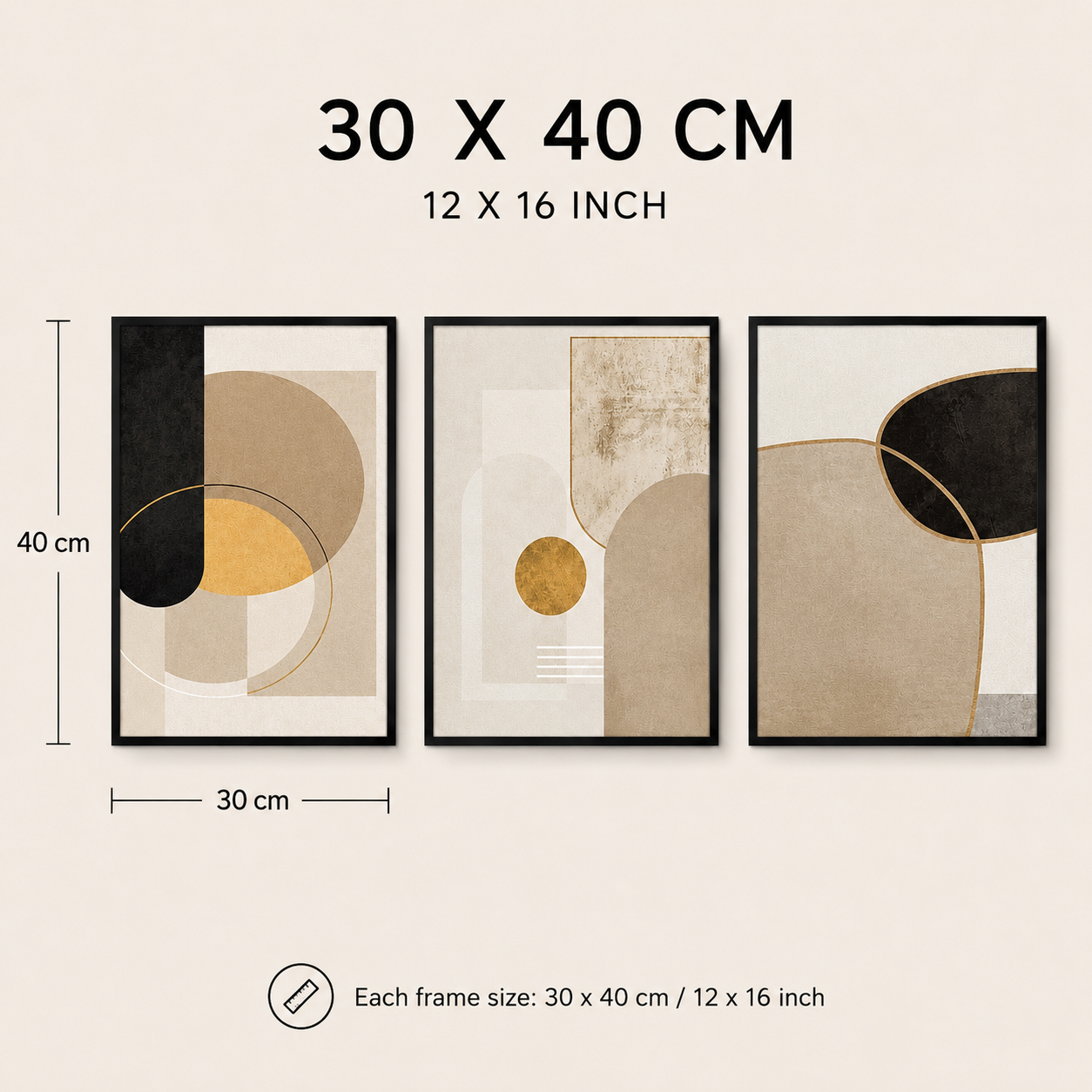 Luxury Modern Abstract Geometric Wall Art Set of 3 | Framed Canvas Prints | Neutral Beige, Black & Gold Wall Decor | 30 × 40 cm (12 × 16 in)