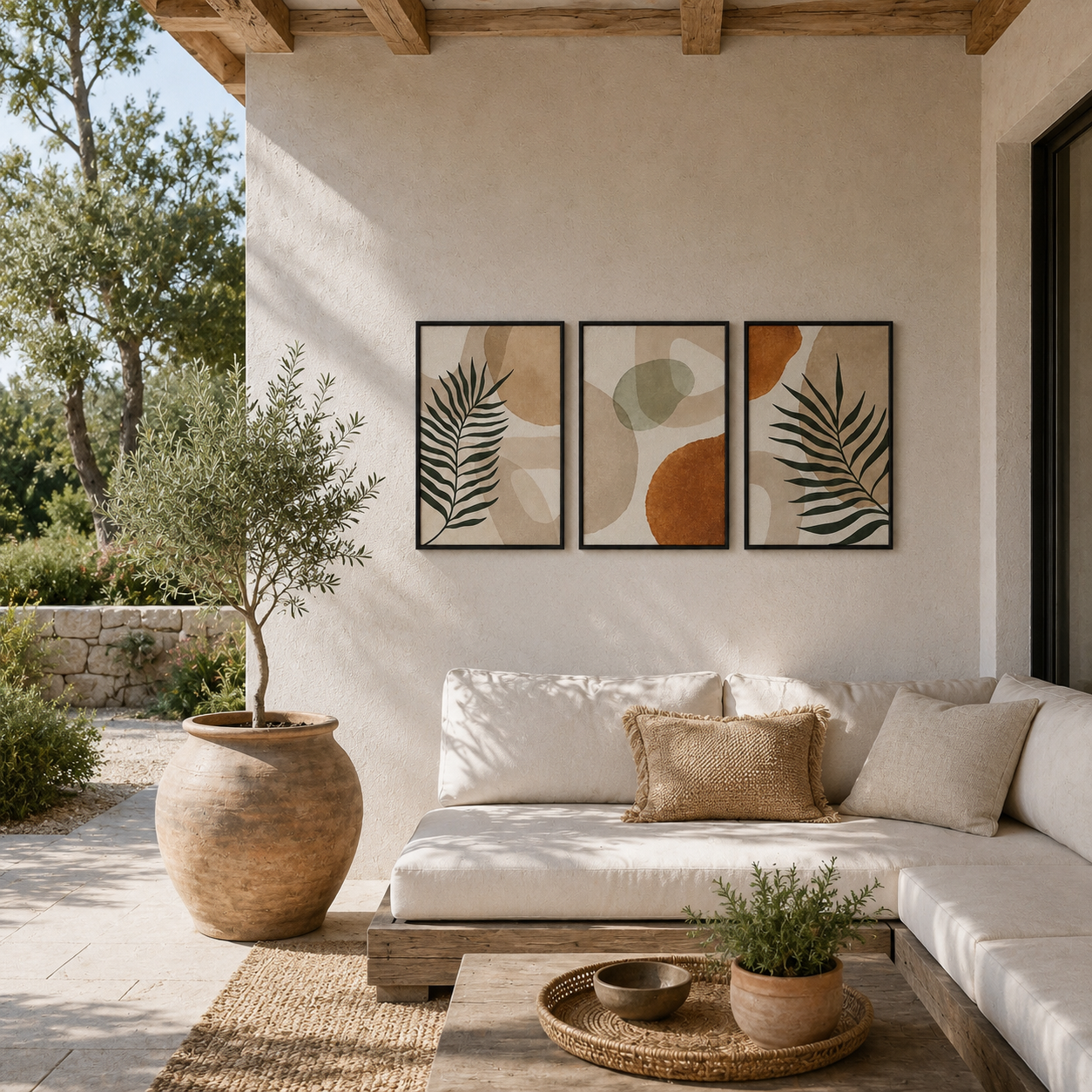 Boho Botanical Abstract Wall Art Set of 3 | Framed Canvas Prints | Minimalist Tropical Leaf Wall Decor | 30 × 40 cm (12 × 16 in)