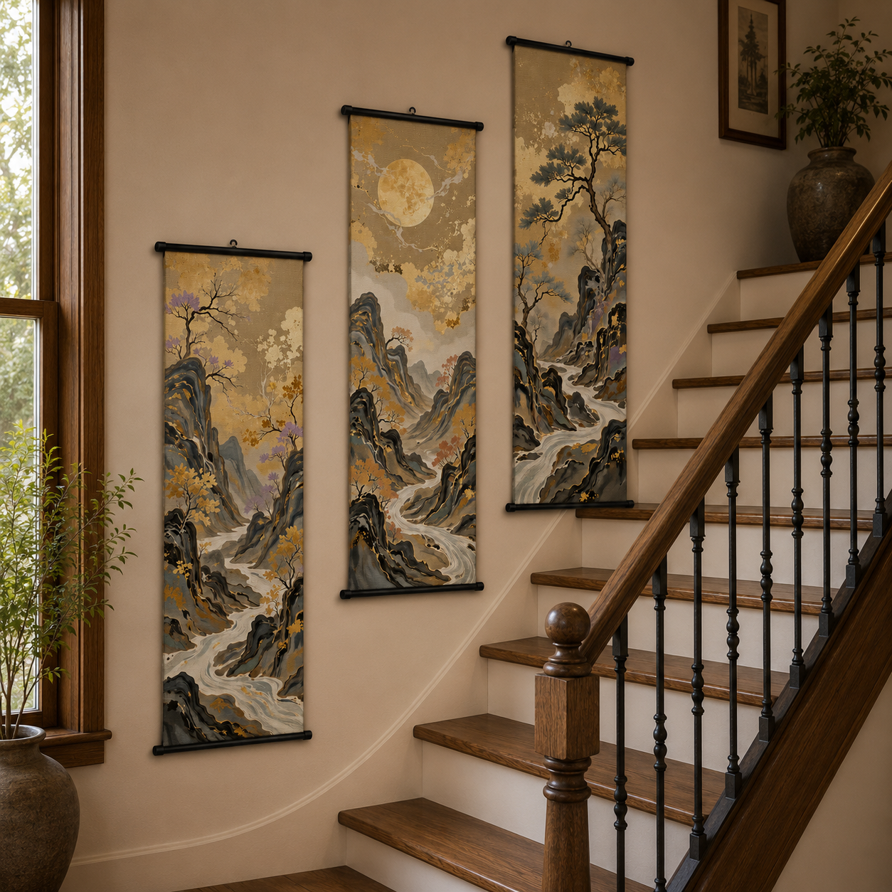 Golden Mountain Scroll Wall Art Set of 3 – Large Japanese Style Canvas Hanging Prints, 120 × 40 cm Landscape Wall Decor for Living Room, Bedroom & Office