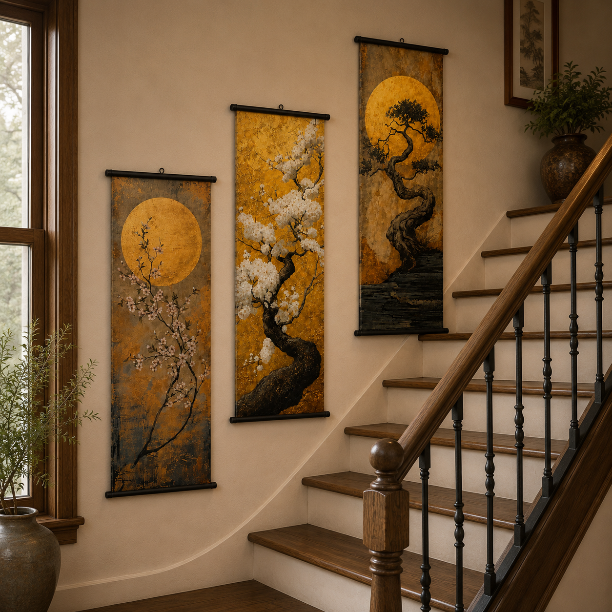 Golden Moon Tree Scroll Wall Art Set of 3 – Large Japanese Zen Canvas Hanging Prints, 120 × 40 cm Bonsai & Cherry Blossom Wall Decor for Living Room, Bedroom & Office