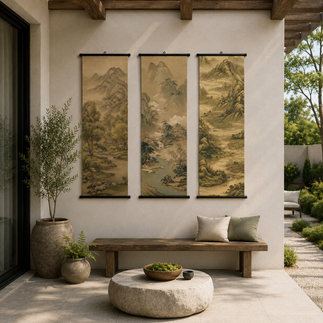 Large Chinese Landscape Scroll Wall Art Set of 3 – Canvas Hanging Prints, 120 × 40 cm Japanese Zen Mountain Nature Wall Decor for Living Room, Bedroom & Office