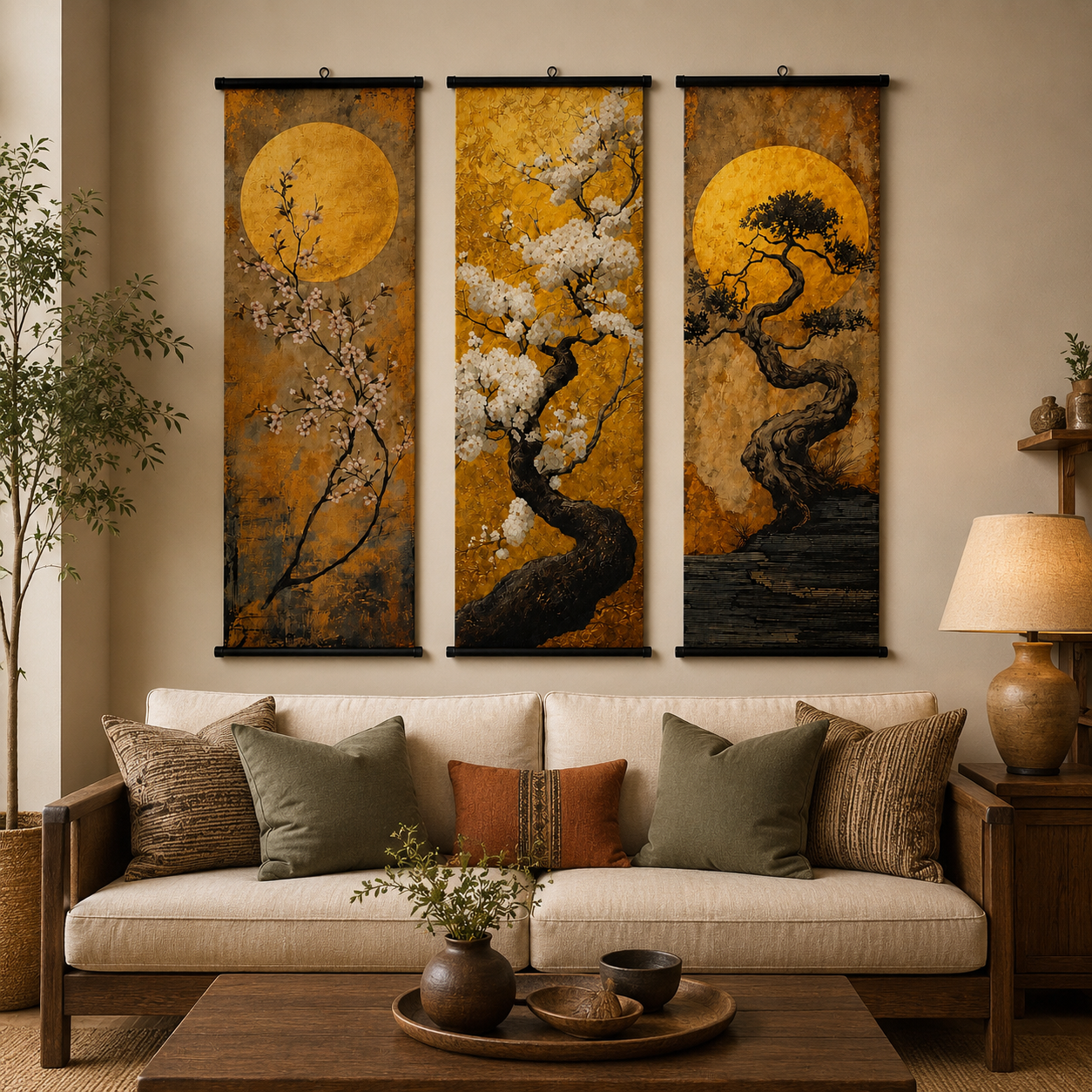 Golden Moon Tree Scroll Wall Art Set of 3 – Large Japanese Zen Canvas Hanging Prints, 120 × 40 cm Bonsai & Cherry Blossom Wall Decor for Living Room, Bedroom & Office