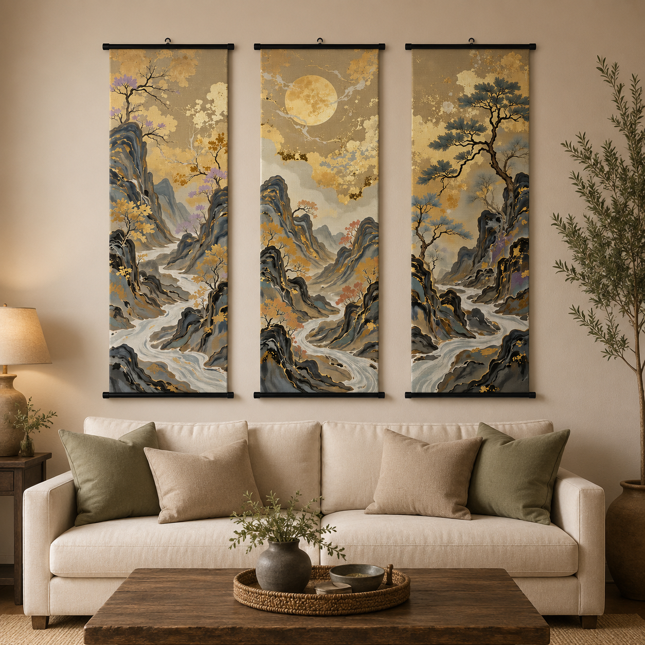 Golden Mountain Scroll Wall Art Set of 3 – Large Japanese Style Canvas Hanging Prints, 120 × 40 cm Landscape Wall Decor for Living Room, Bedroom & Office