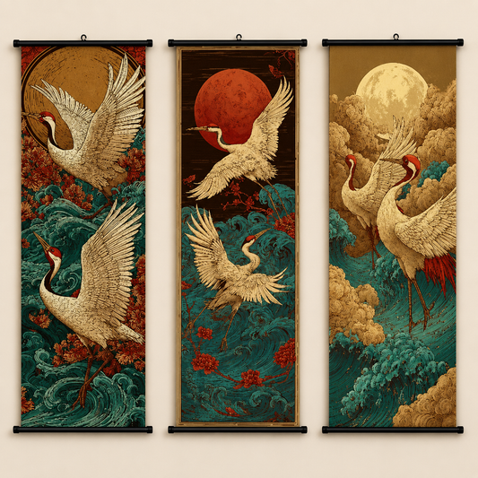 Vintage Japanese Crane Scroll Wall Art Set of 3 – Large Canvas Hanging Prints, 120 × 40 cm Oriental Crane & Ocean Wave Wall Decor for Living Room, Bedroom & Office