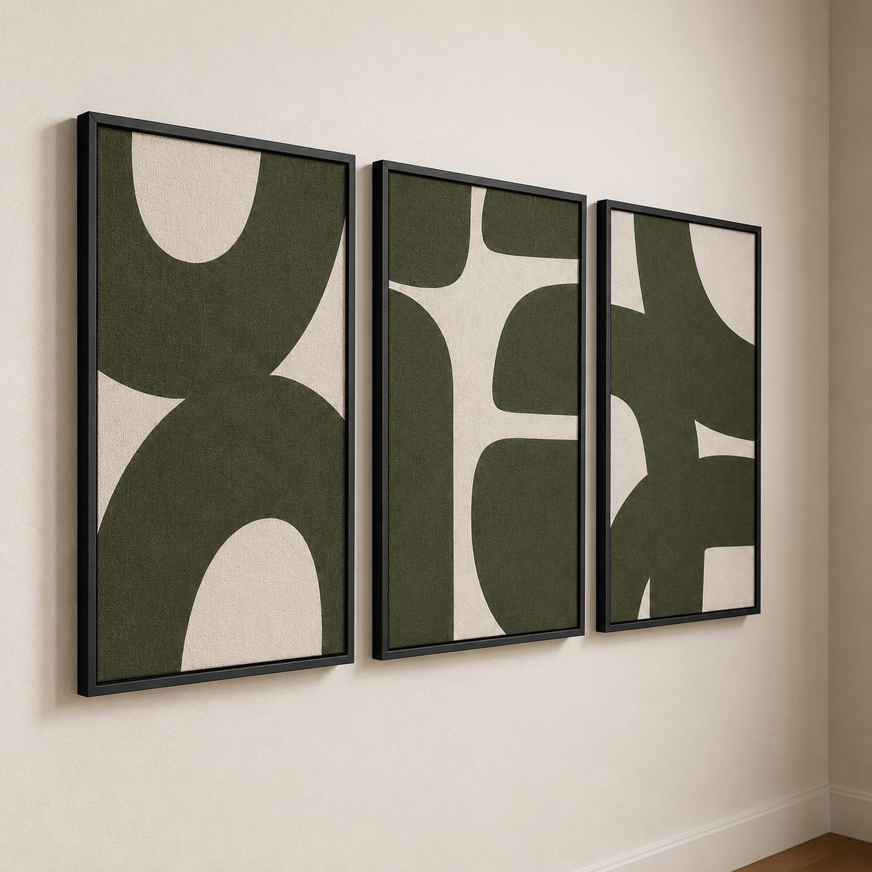 Modern Abstract Geometric Wall Art Set of 3 | Framed Canvas Prints | Minimalist Olive Green Wall Decor | 30 × 40 cm (12 × 16 in)