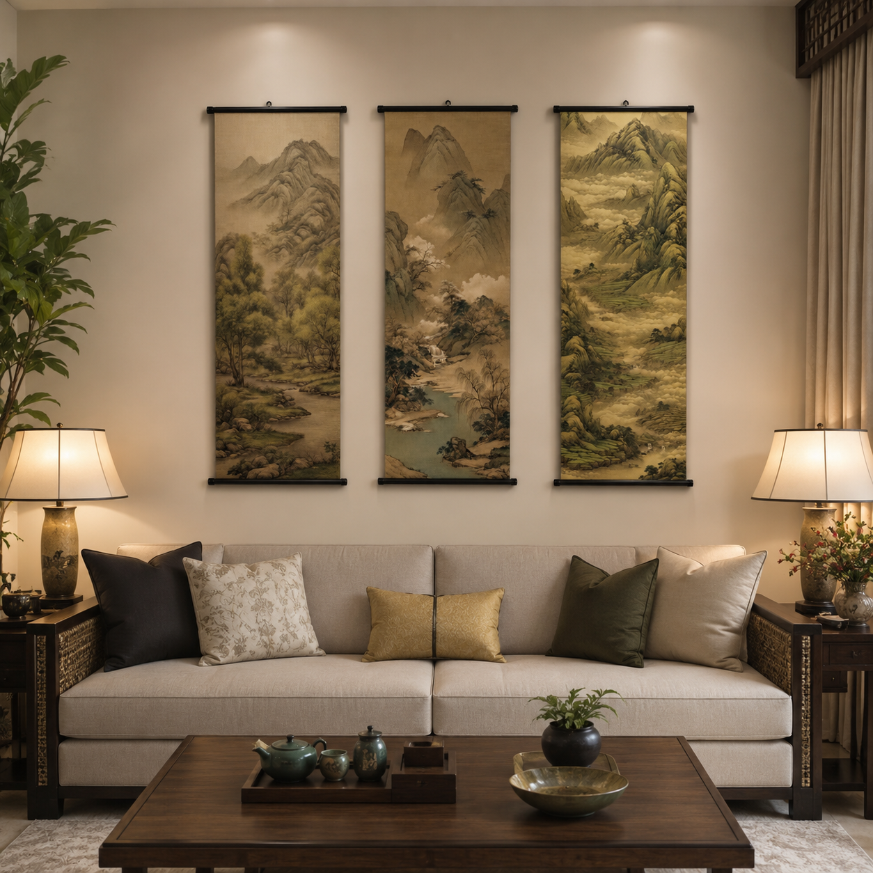 Large Chinese Landscape Scroll Wall Art Set of 3 – Canvas Hanging Prints, 120 × 40 cm Japanese Zen Mountain Nature Wall Decor for Living Room, Bedroom & Office
