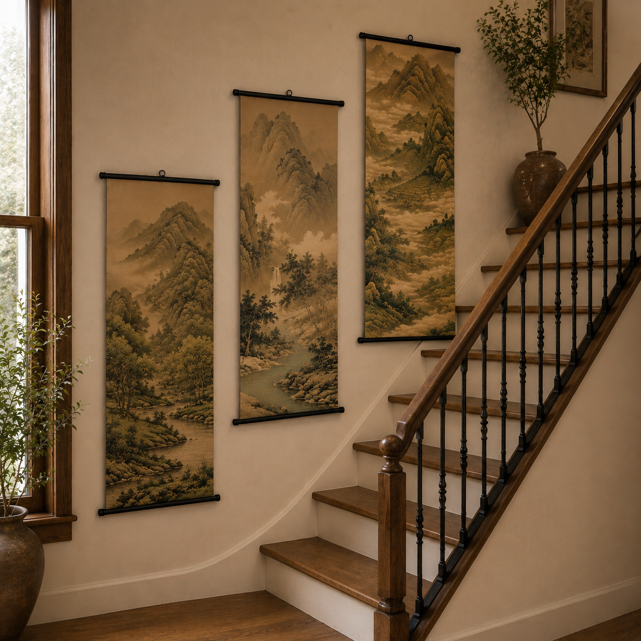 Large Chinese Landscape Scroll Wall Art Set of 3 – Canvas Hanging Prints, 120 × 40 cm Japanese Zen Mountain Nature Wall Decor for Living Room, Bedroom & Office