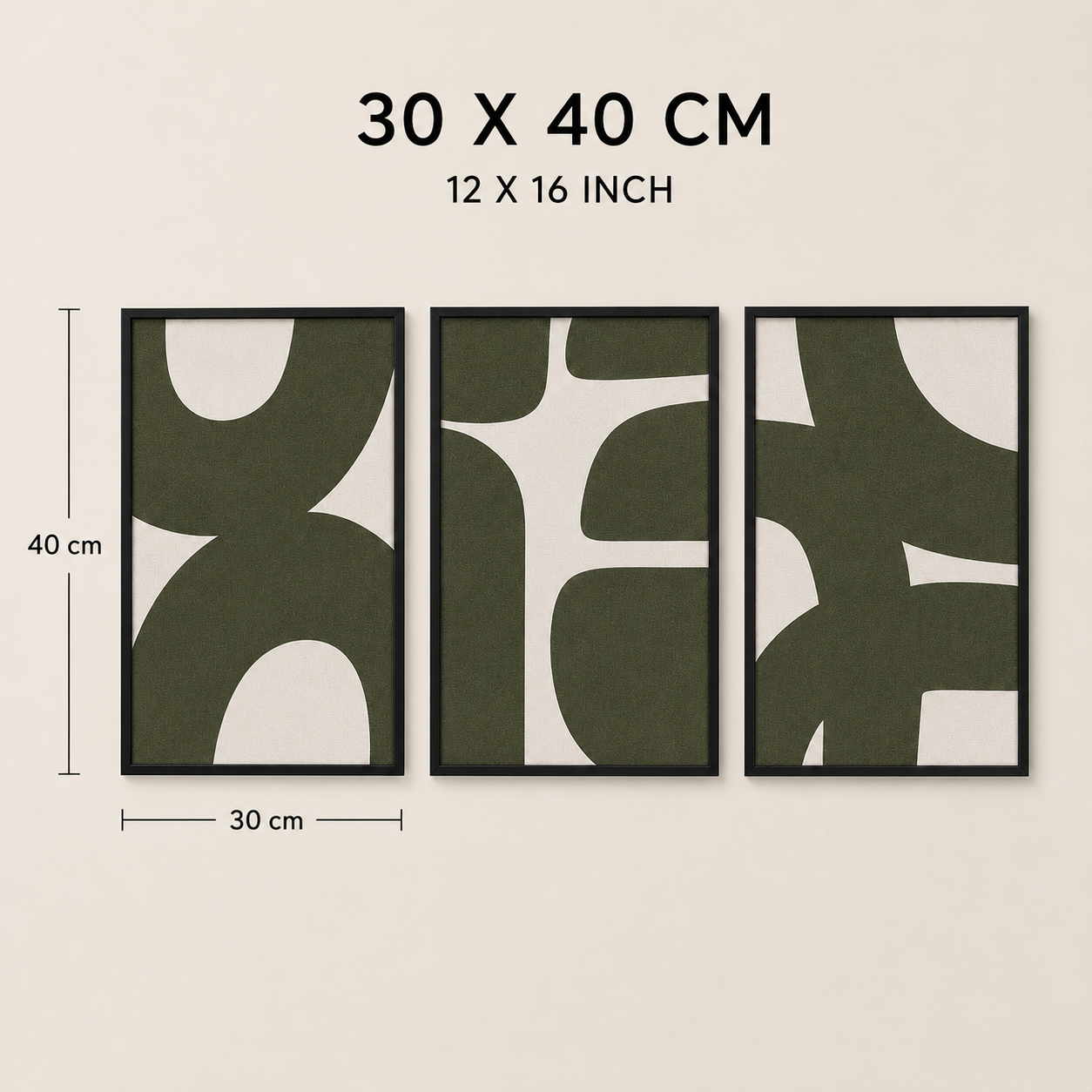 Modern Abstract Geometric Wall Art Set of 3 | Framed Canvas Prints | Minimalist Olive Green Wall Decor | 30 × 40 cm (12 × 16 in)