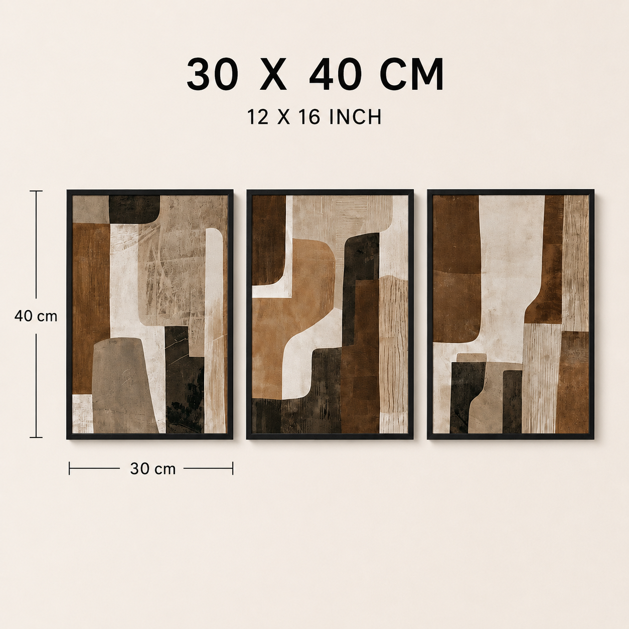 Modern Abstract Earth Tone Wall Art Set of 3 | Framed Canvas Prints | Brown & Beige Minimalist Wall Decor | 30 × 40 cm (12 × 16 in)