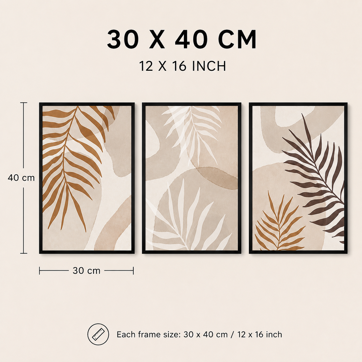 Boho Botanical Palm Leaf Wall Art Set of 3 | Framed Canvas Prints | Neutral Beige Tropical Wall Decor | 30 × 40 cm (12 × 16 in)