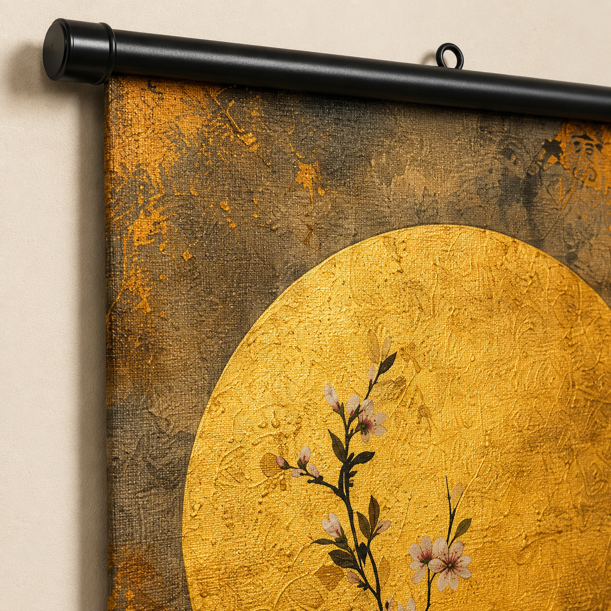 Golden Moon Tree Scroll Wall Art Set of 3 – Large Japanese Zen Canvas Hanging Prints, 120 × 40 cm Bonsai & Cherry Blossom Wall Decor for Living Room, Bedroom & Office