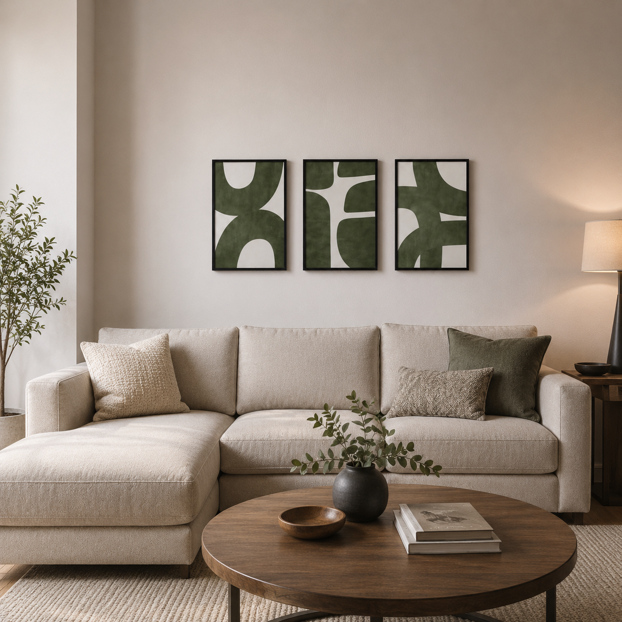 Modern Abstract Geometric Wall Art Set of 3 | Framed Canvas Prints | Minimalist Olive Green Wall Decor | 30 × 40 cm (12 × 16 in)