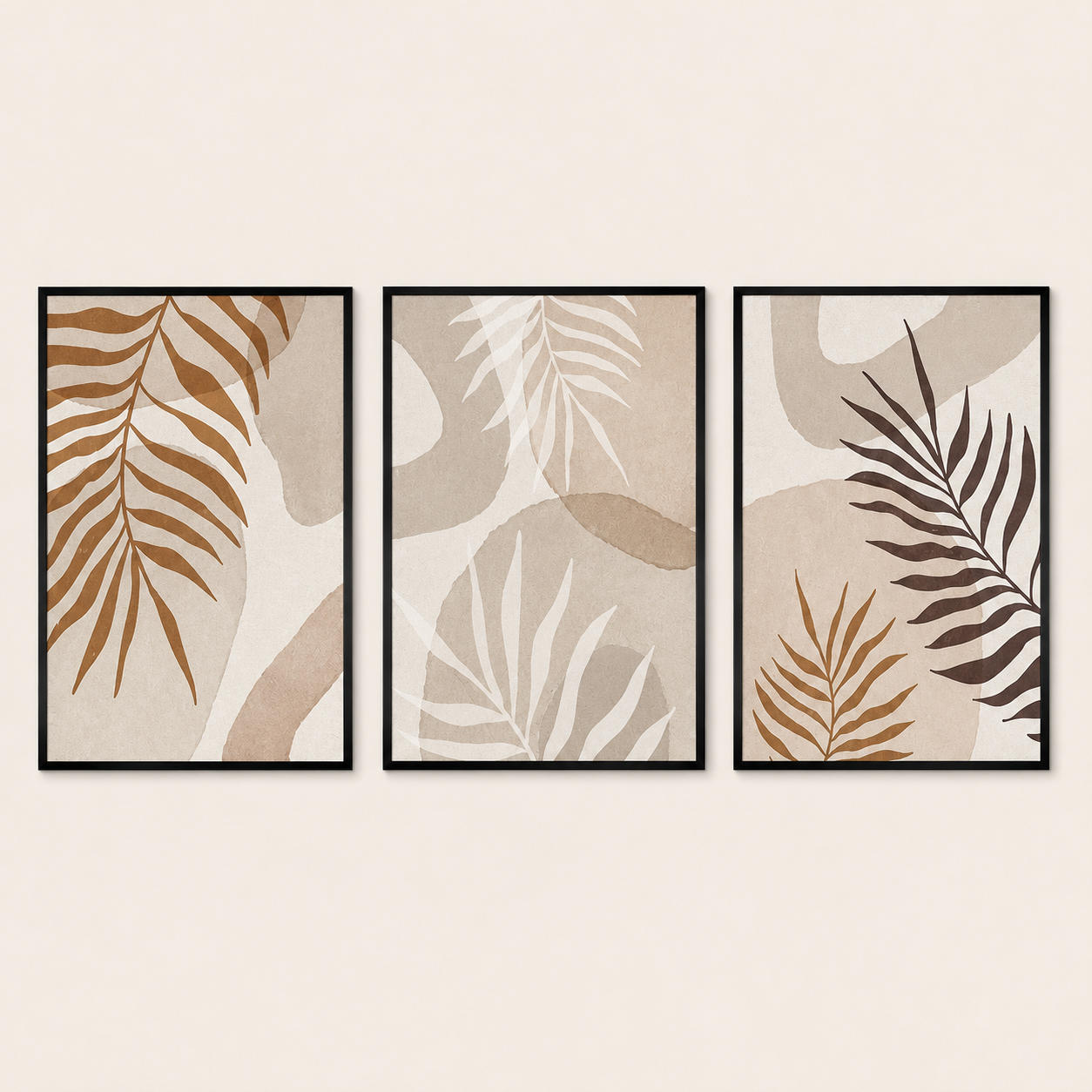 Boho Botanical Palm Leaf Wall Art Set of 3 | Framed Canvas Prints | Neutral Beige Tropical Wall Decor | 30 × 40 cm (12 × 16 in)