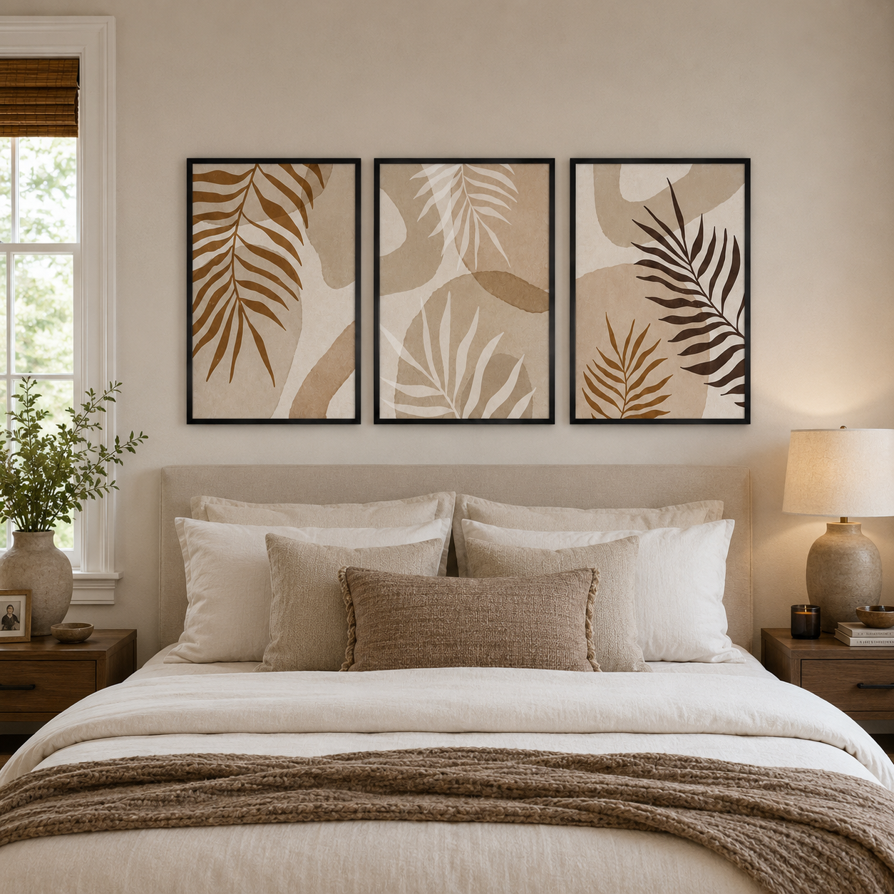 Boho Botanical Palm Leaf Wall Art Set of 3 | Framed Canvas Prints | Neutral Beige Tropical Wall Decor | 30 × 40 cm (12 × 16 in)