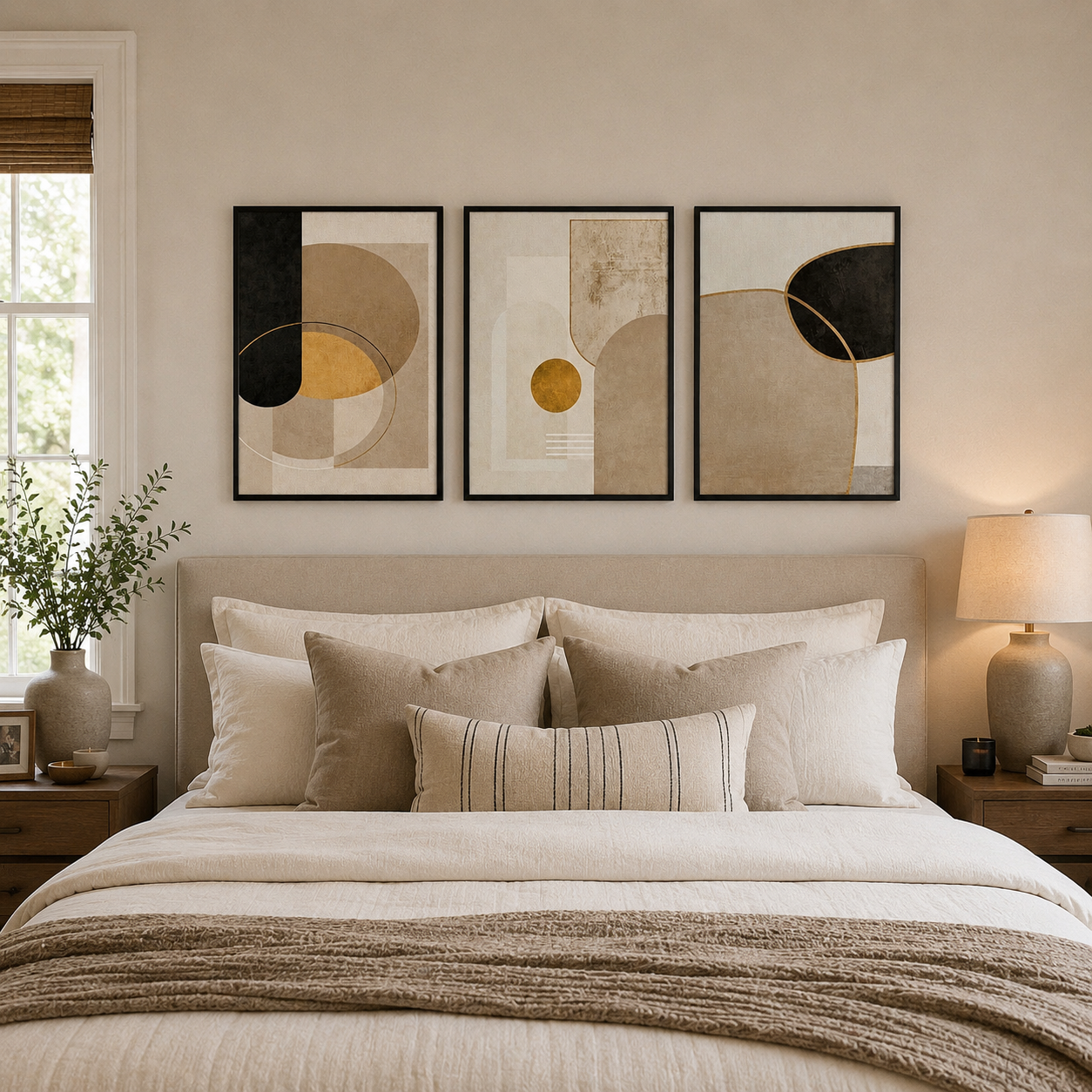 Luxury Modern Abstract Geometric Wall Art Set of 3 | Framed Canvas Prints | Neutral Beige, Black & Gold Wall Decor | 30 × 40 cm (12 × 16 in)