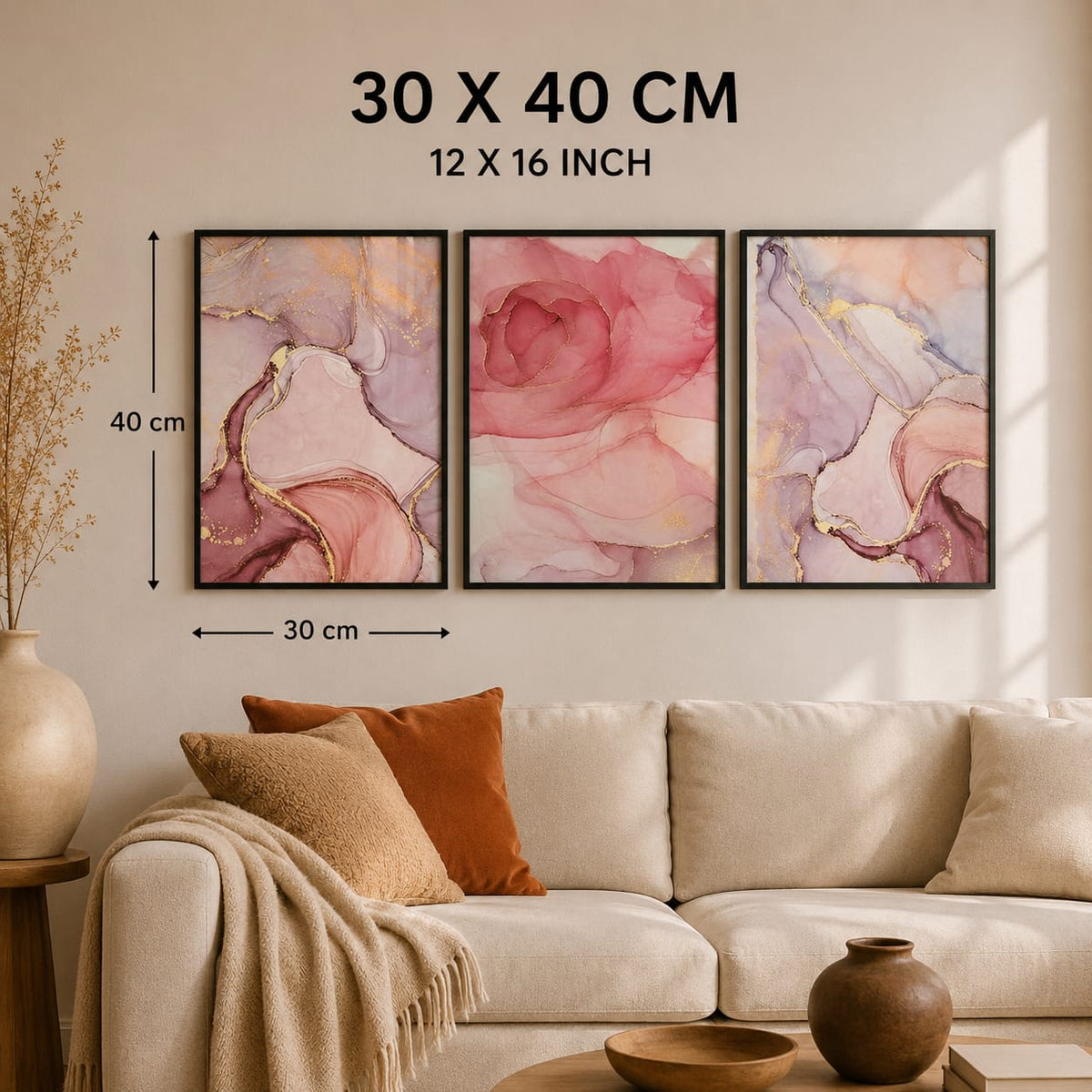 Pink & Lilac Abstract Wall Art Set of 3 – Black Framed 30 × 40 cm