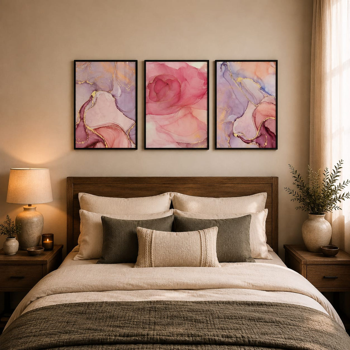 Pink & Lilac Abstract Wall Art Set of 3 – Black Framed 30 × 40 cm