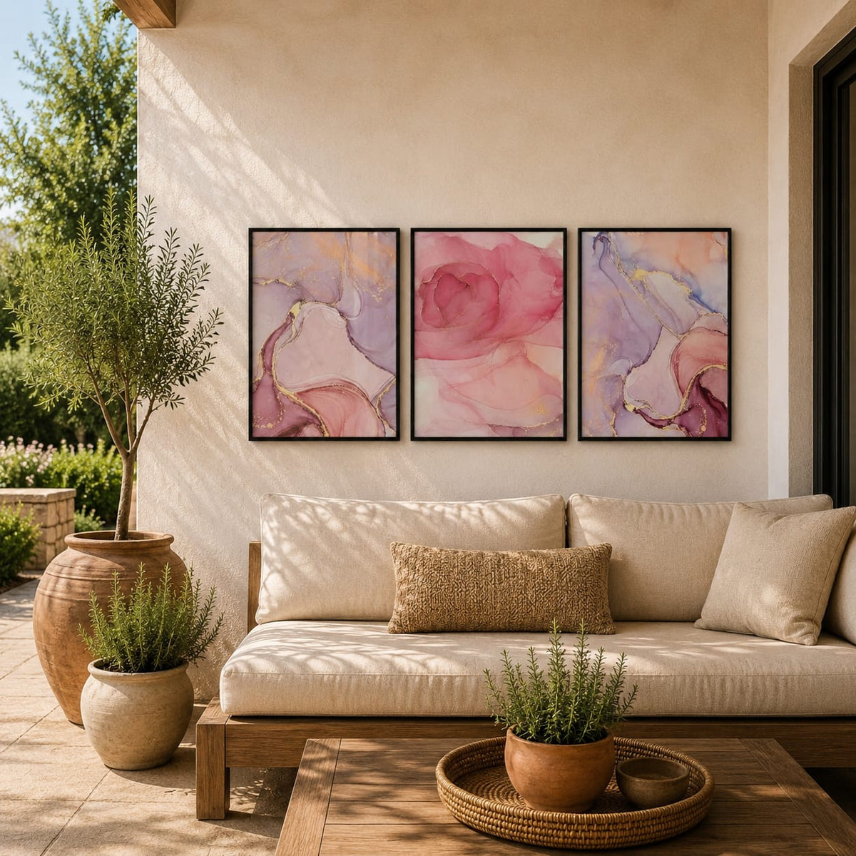 Pink & Lilac Abstract Wall Art Set of 3 – Black Framed 30 × 40 cm