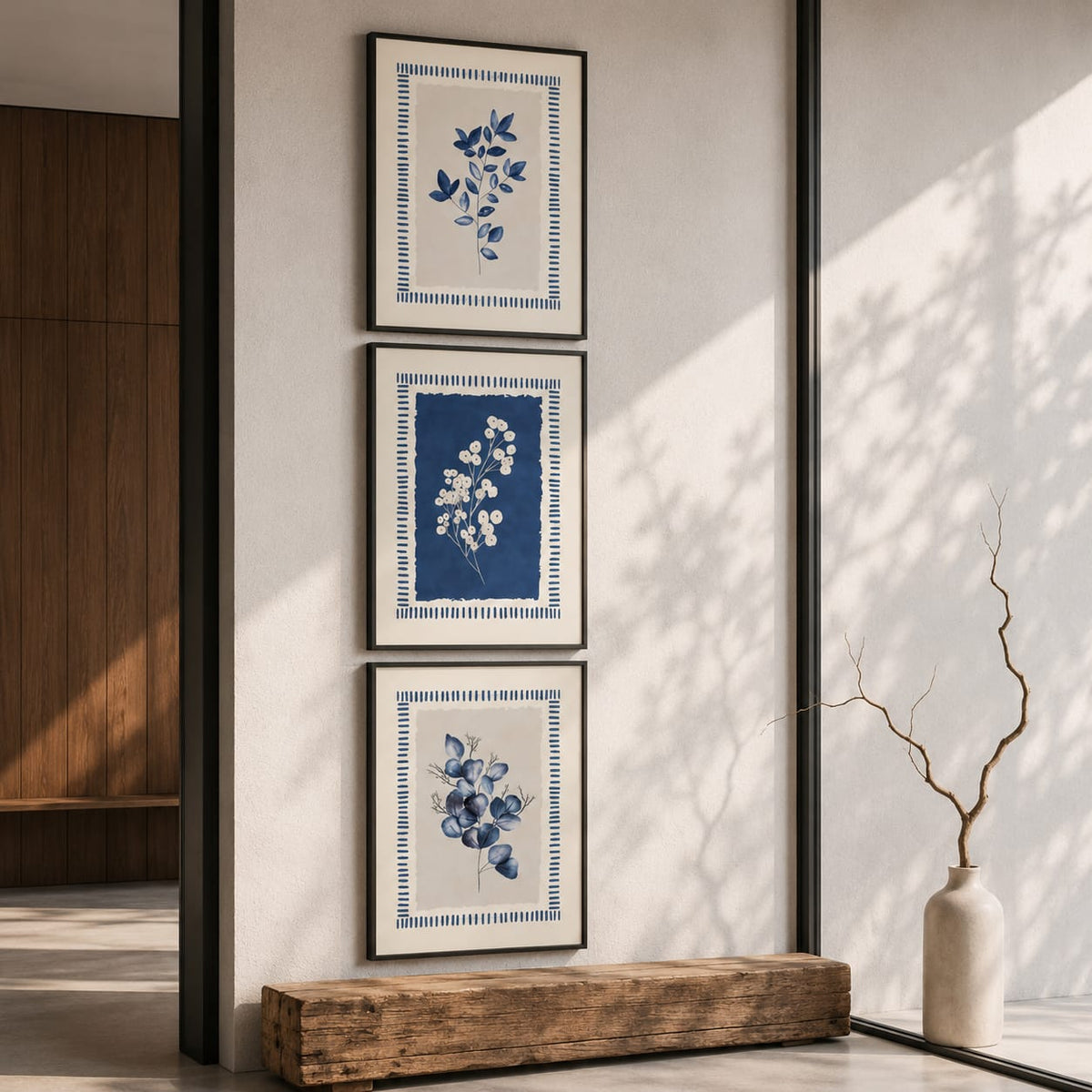 3-Piece Blue Botanical Framed Wall Art Set – 30 × 40 cm Each