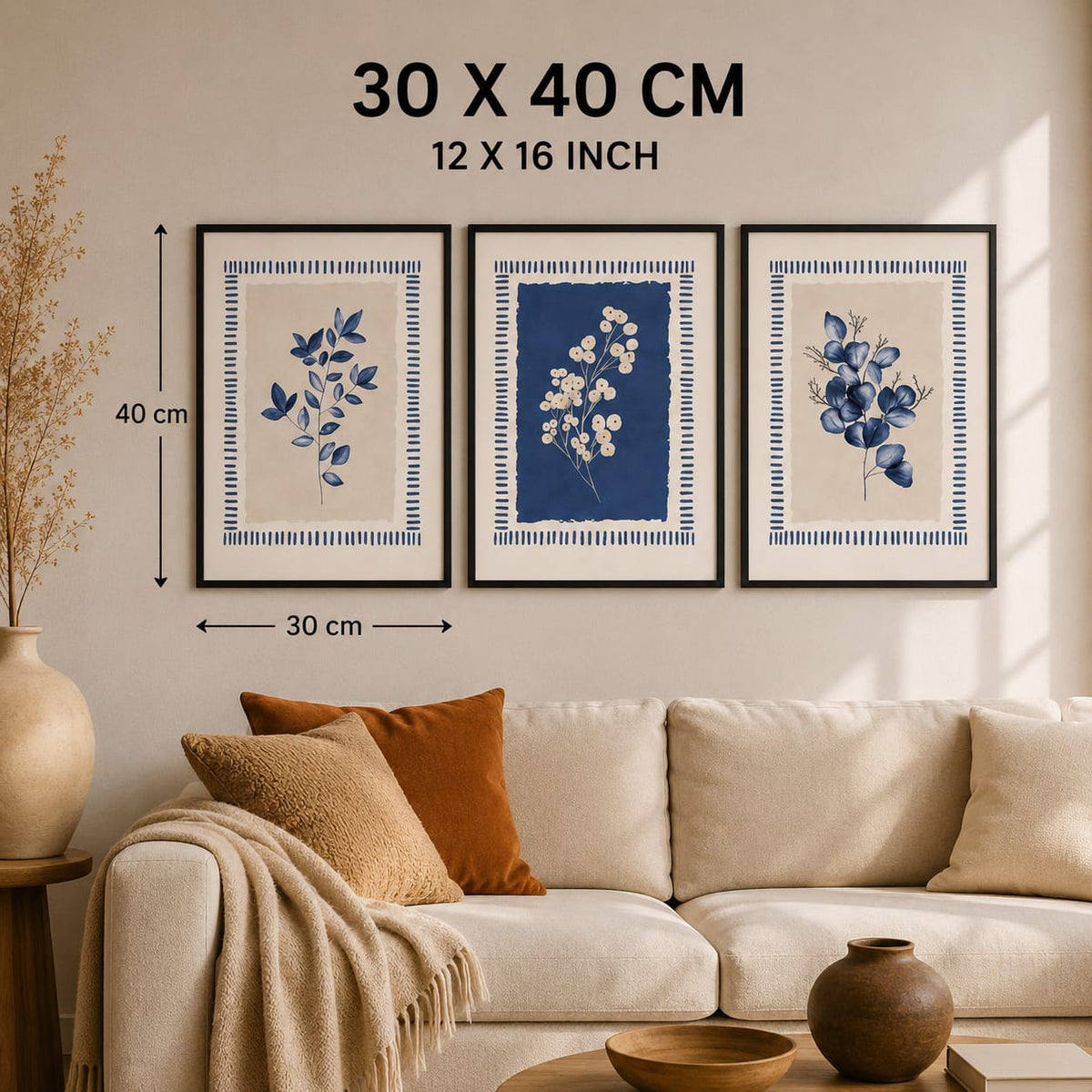 3-Piece Blue Botanical Framed Wall Art Set – 30 × 40 cm Each