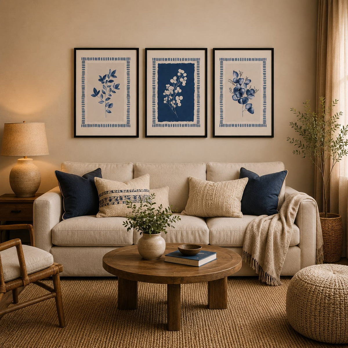 3-Piece Blue Botanical Framed Wall Art Set – 30 × 40 cm Each