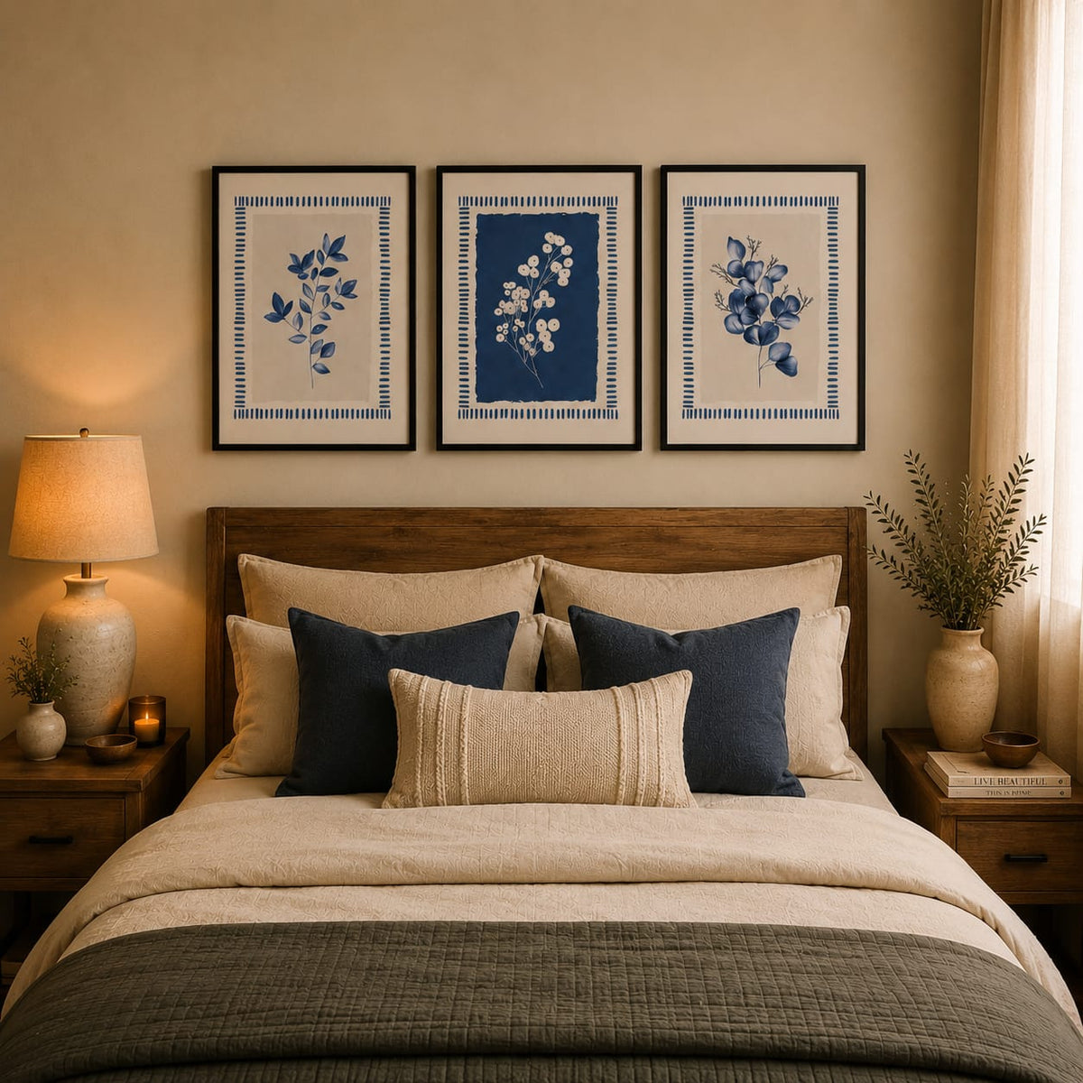 3-Piece Blue Botanical Framed Wall Art Set – 30 × 40 cm Each