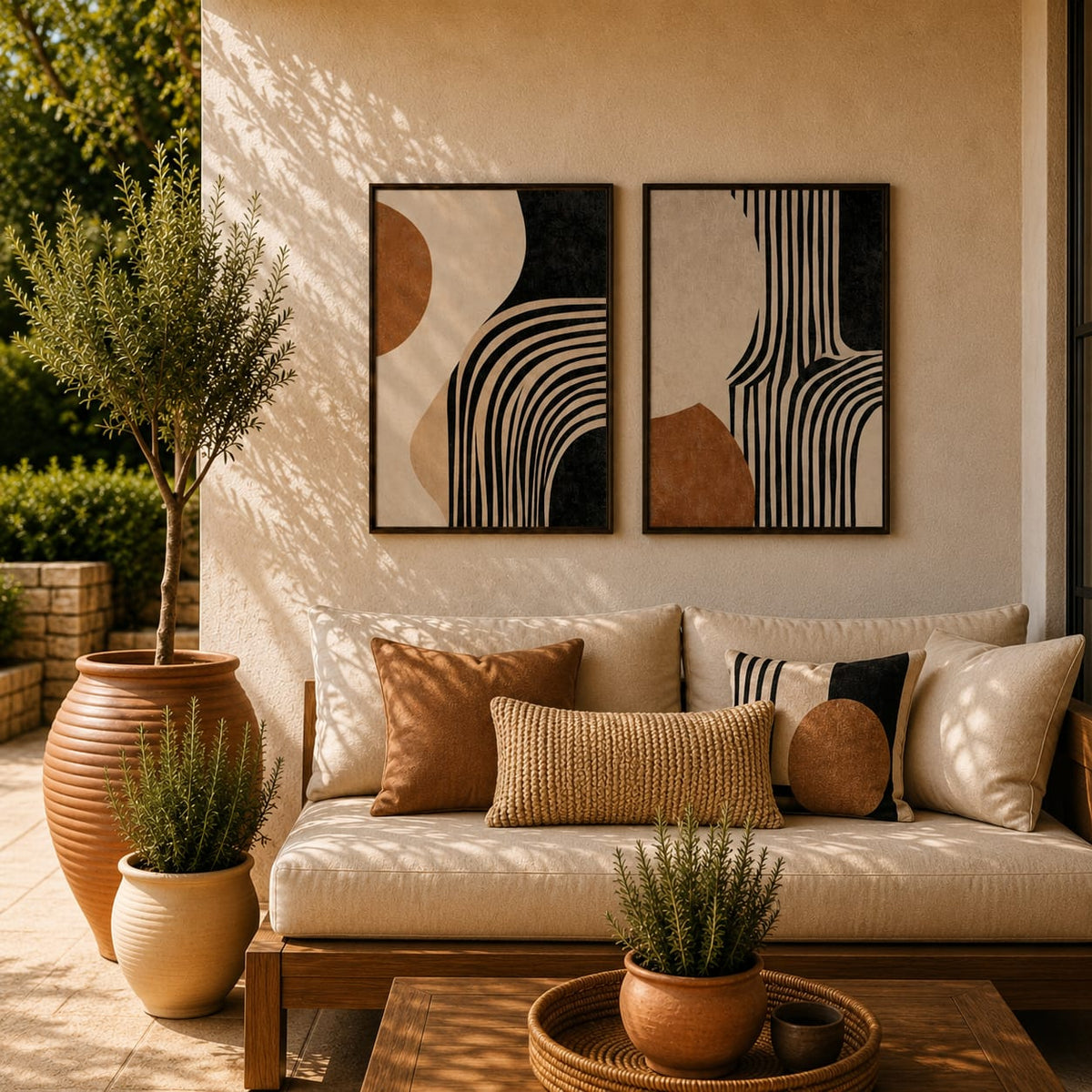 Modern Abstract Wall Art Set of 2 – Black & Beige Geometric Prints | Framiza