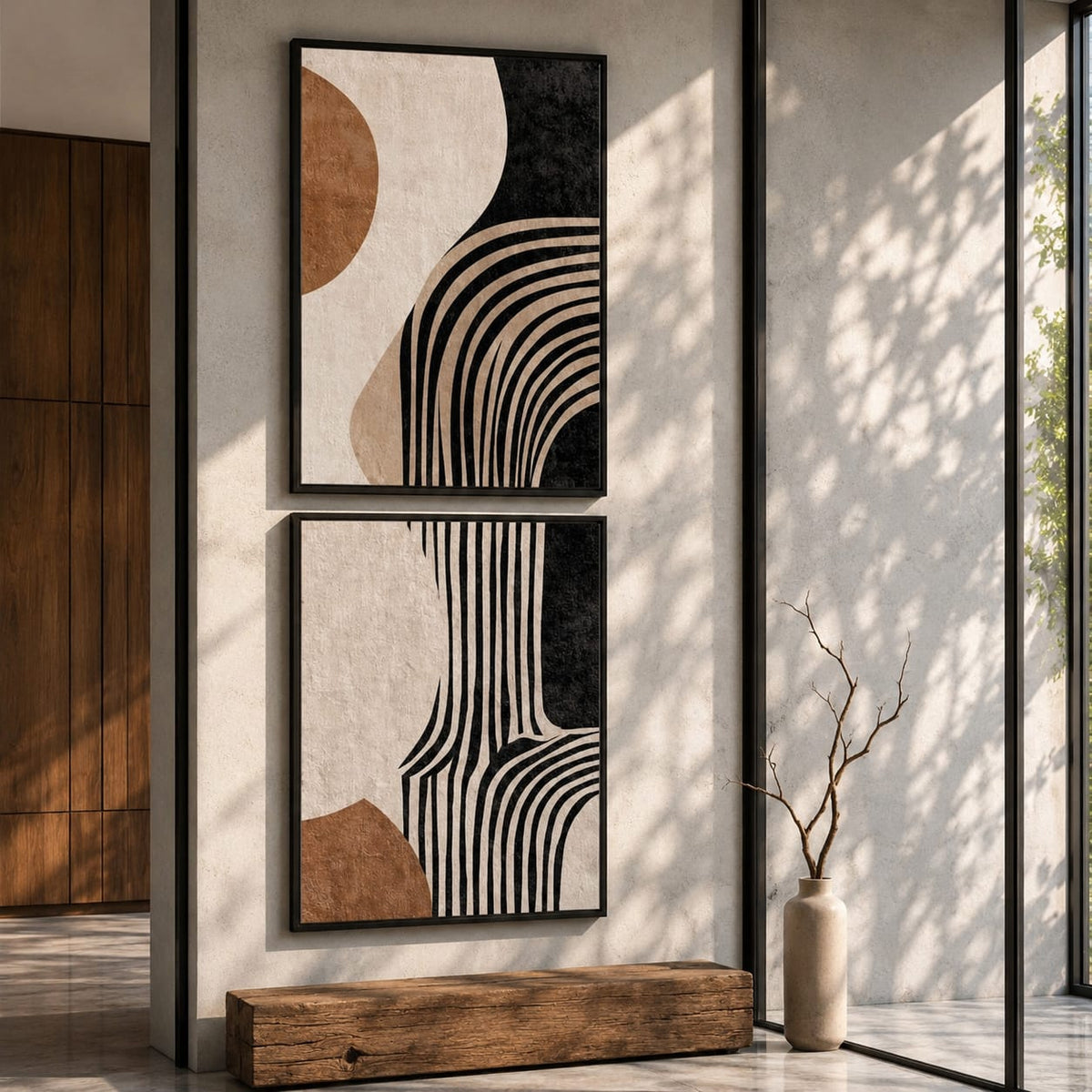 Modern Abstract Wall Art Set of 2 – Black & Beige Geometric Prints | Framiza