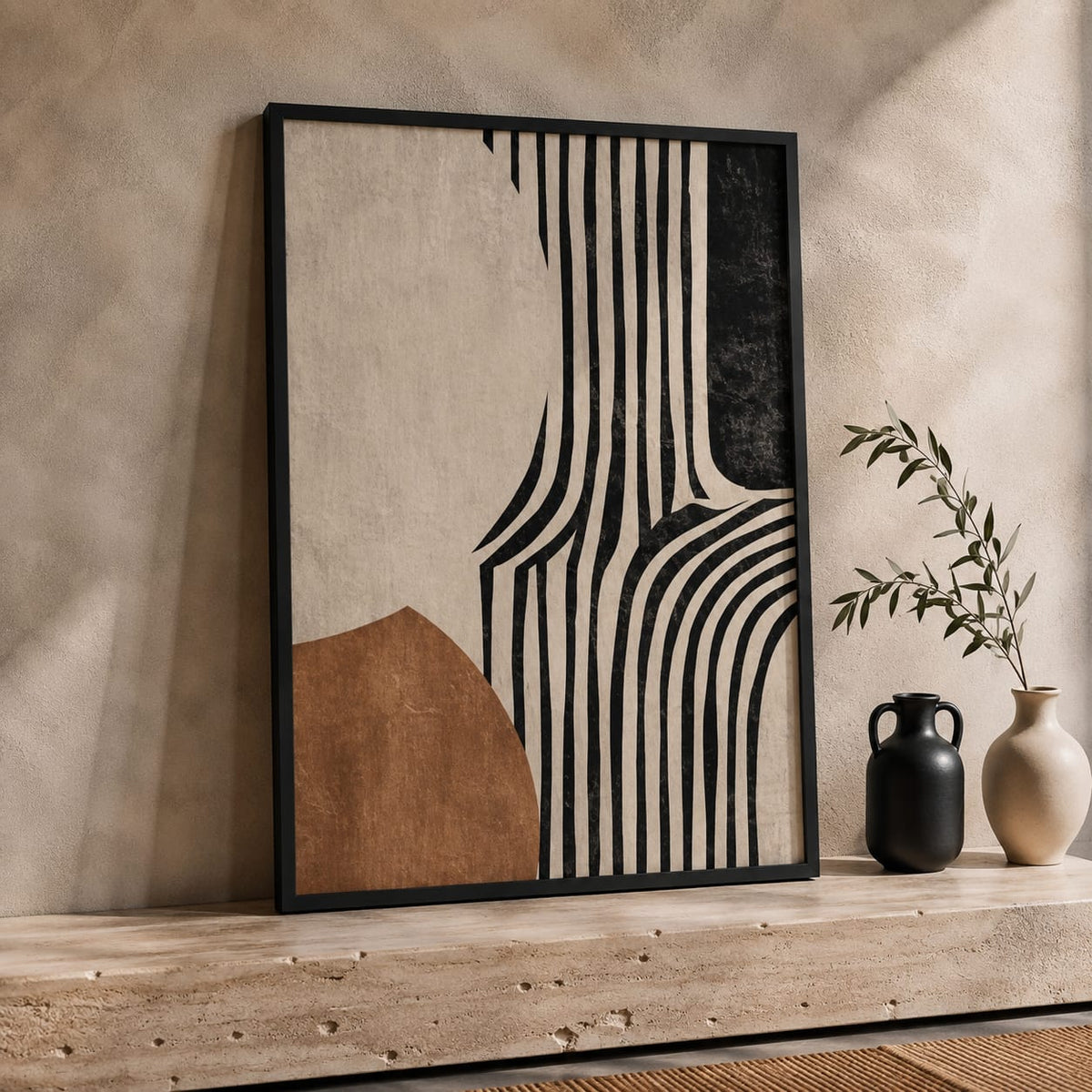 Modern Abstract Wall Art Set of 2 – Black & Beige Geometric Prints | Framiza