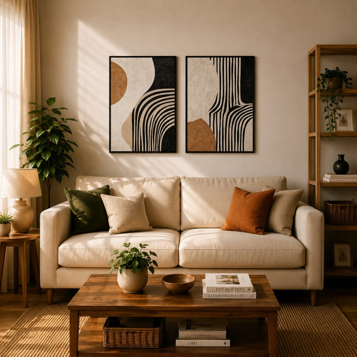 Modern Abstract Wall Art Set of 2 – Black & Beige Geometric Prints | Framiza
