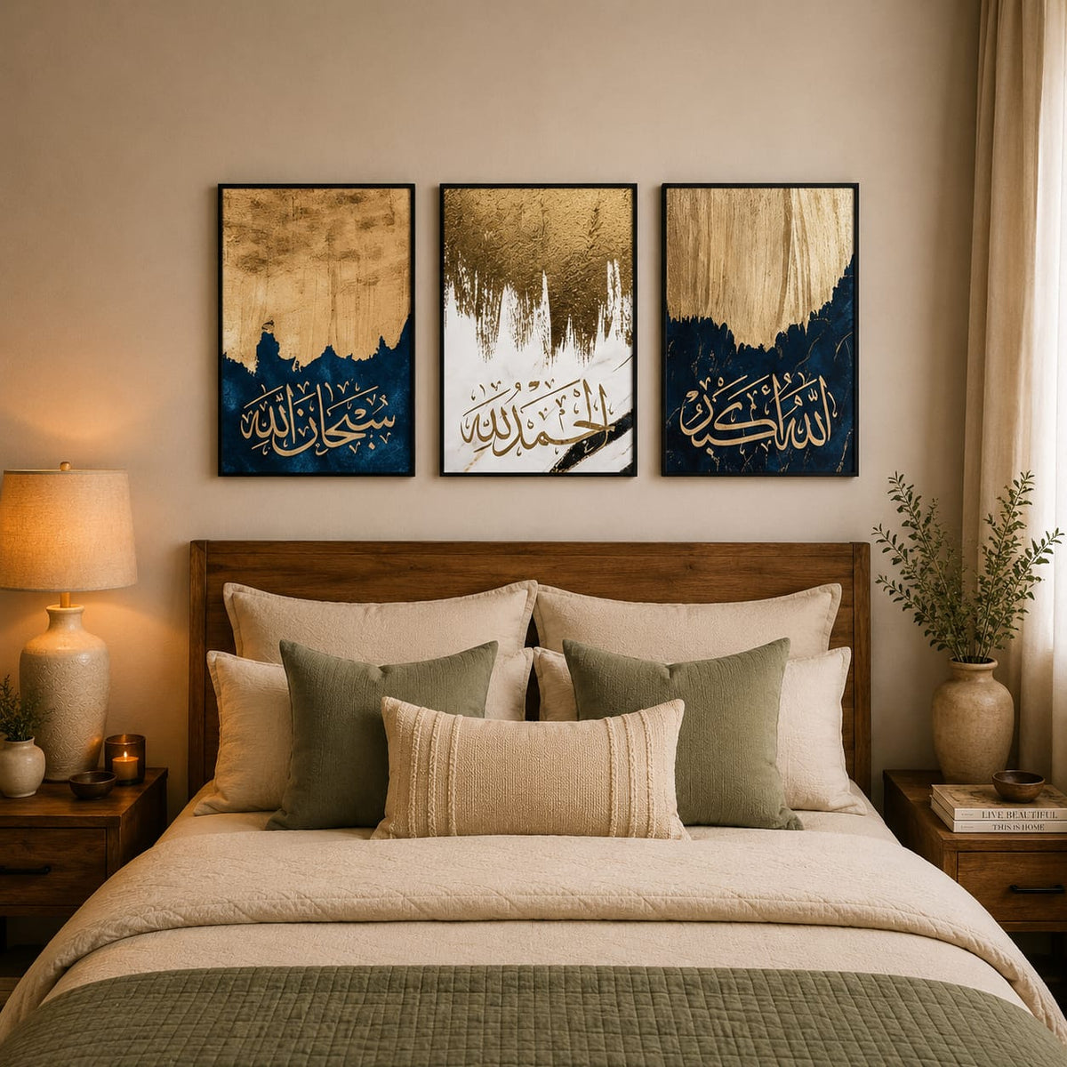 Islamic Wall Art Set of 3 – Gold & Navy Arabic Calligraphy