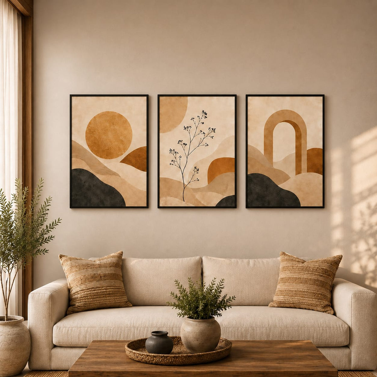 Set of 3 Abstract Framed Wall Art Prints – Neutral Beige, 30 × 40 cm