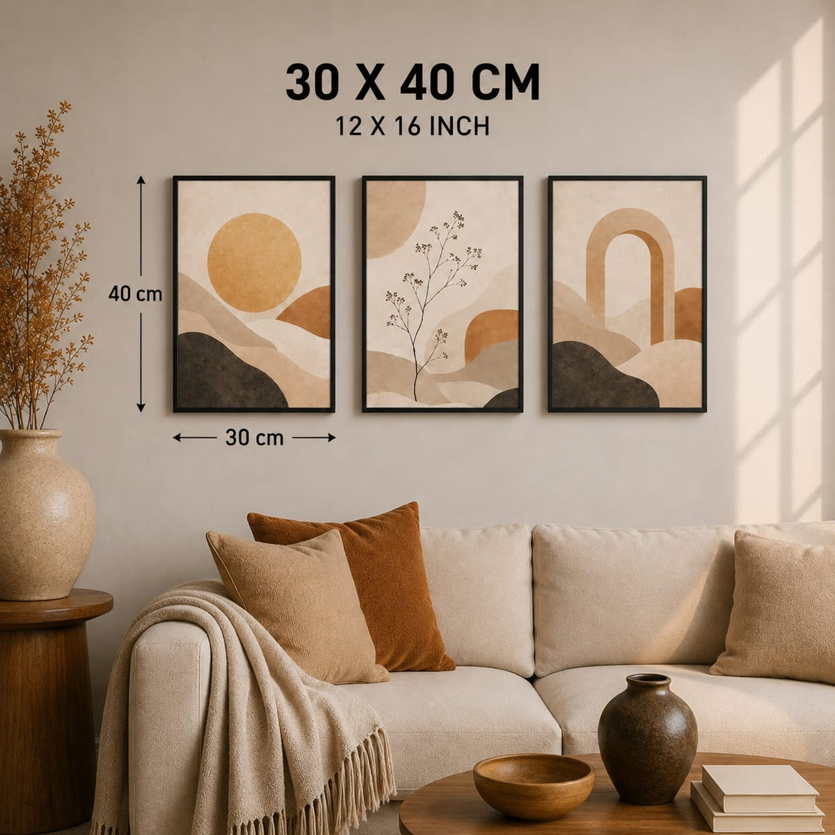 Set of 3 Abstract Framed Wall Art Prints – Neutral Beige, 30 × 40 cm