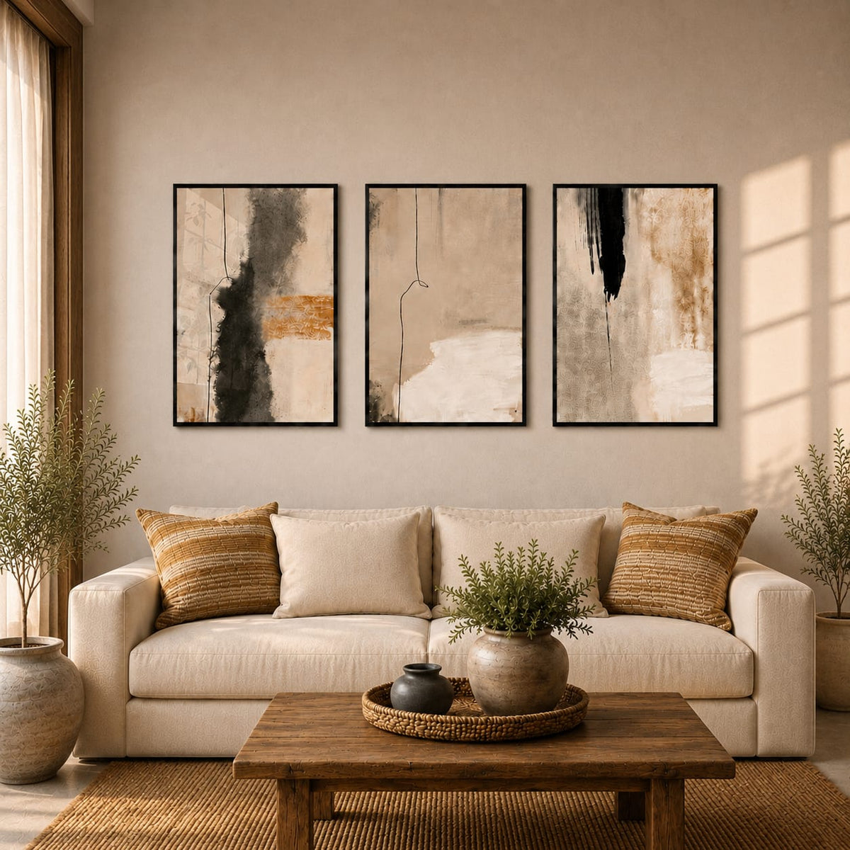 Abstract Wall Art Set of 3 – Black Framed Neutral Prints | 30 × 40 cm