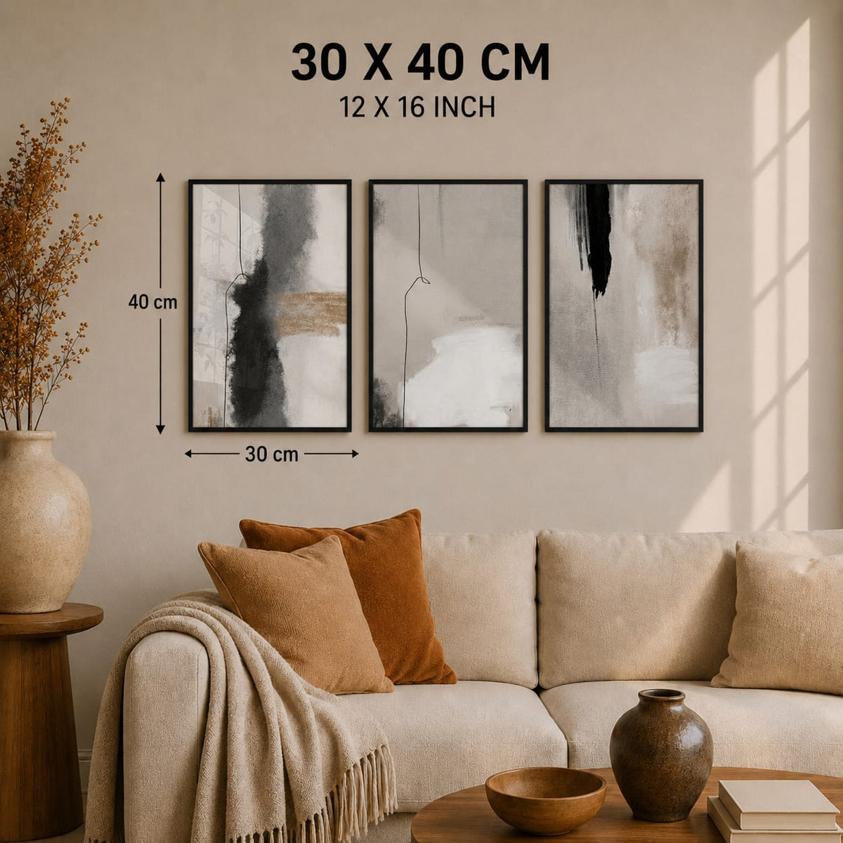 Abstract Wall Art Set of 3 – Black Framed Neutral Prints | 30 × 40 cm