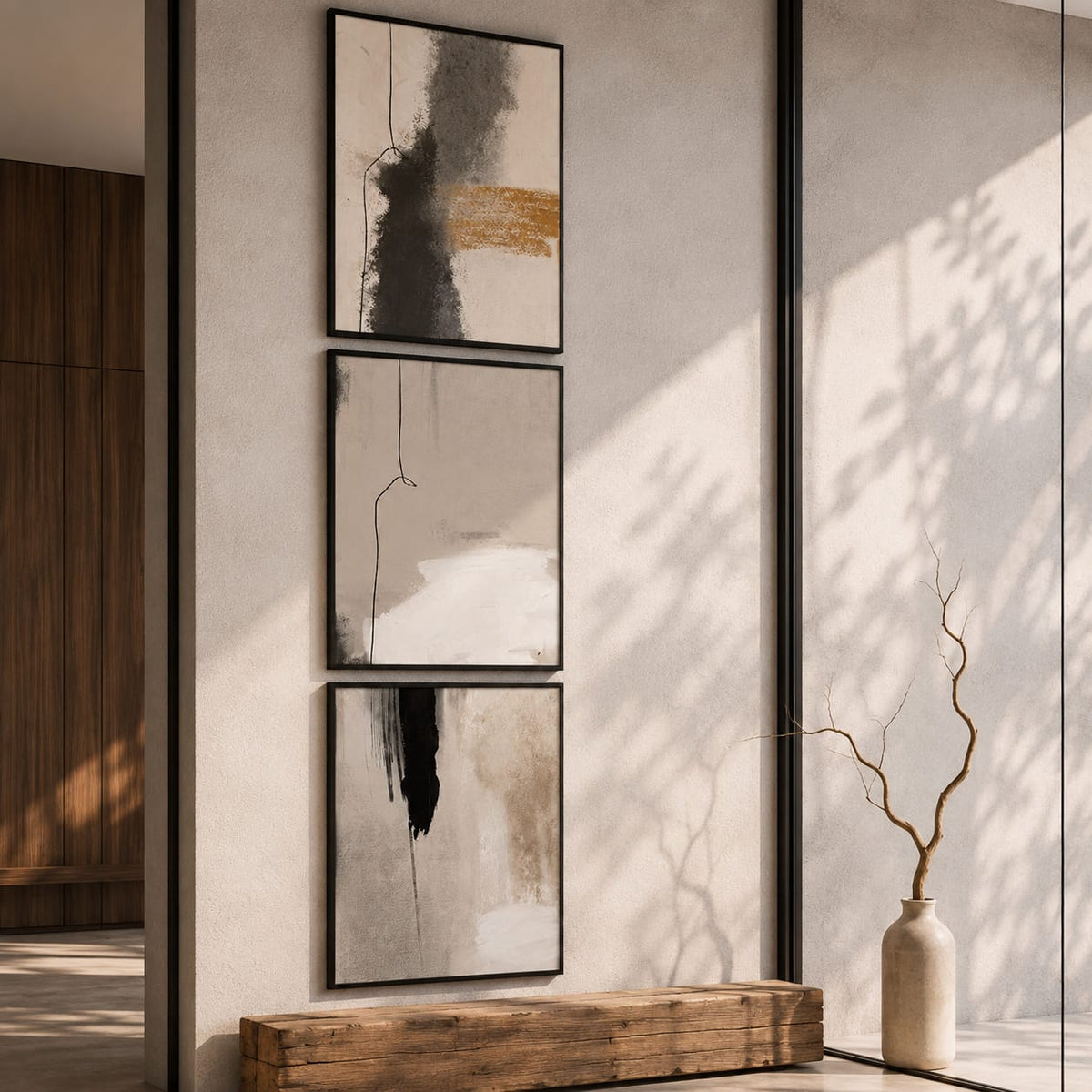 Abstract Wall Art Set of 3 – Black Framed Neutral Prints | 30 × 40 cm