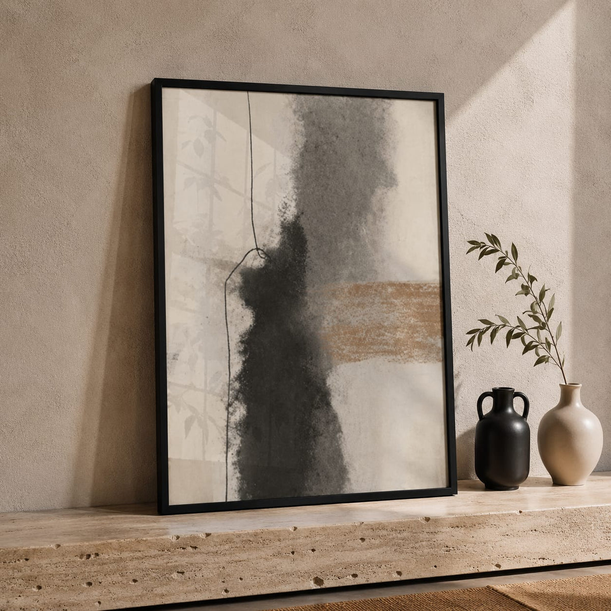 Abstract Wall Art Set of 3 – Black Framed Neutral Prints | 30 × 40 cm