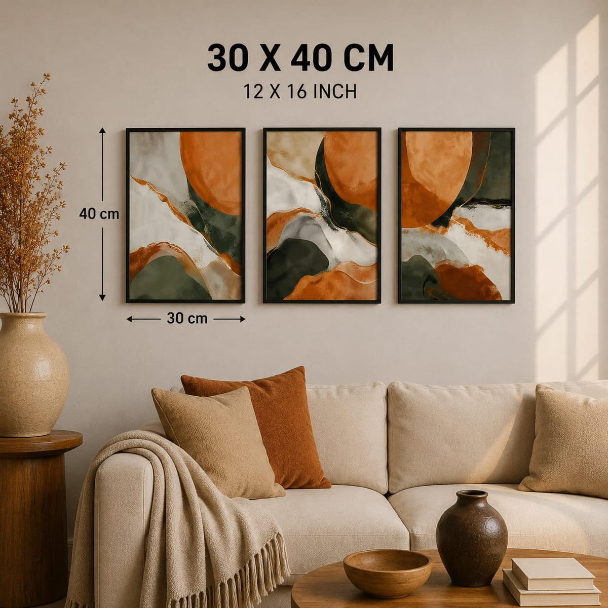Terracotta & Olive Green Abstract Wall Art Set of 3 – 30 × 40 cm