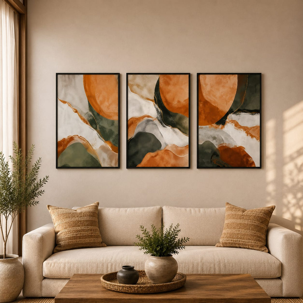 Terracotta & Olive Green Abstract Wall Art Set of 3 – 30 × 40 cm