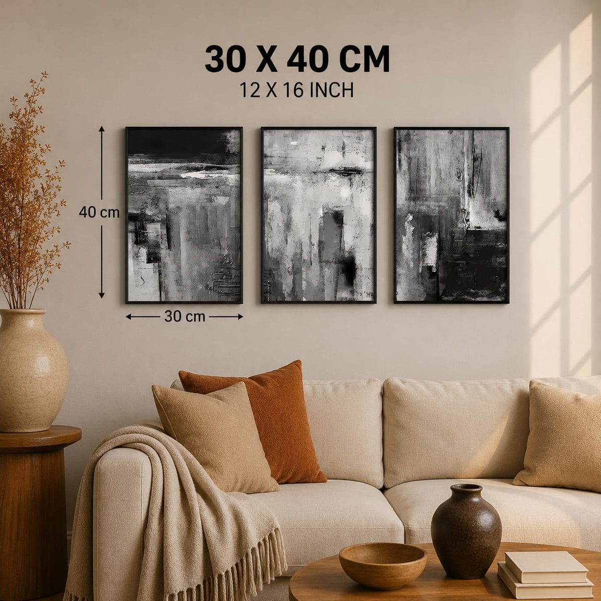 3 Piece Black & White Abstract Framed Wall Art Set | 30 × 40 cm
