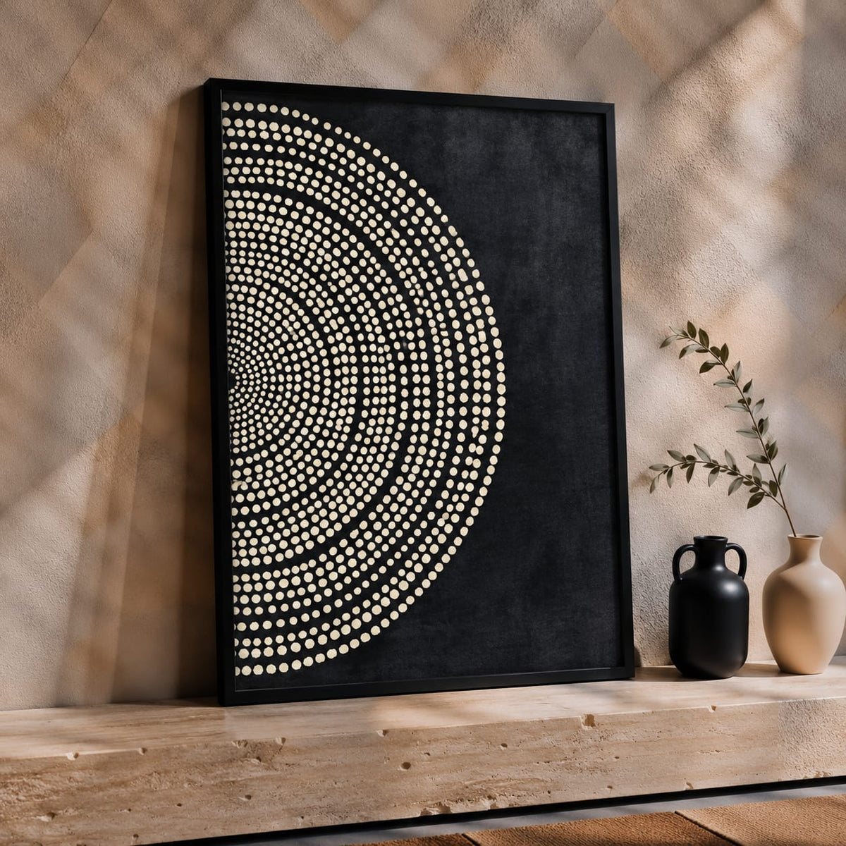 Modern Abstract Circle Wall Art Set of 2 – Black & Cream Framed Prints | 30 × 40 cm