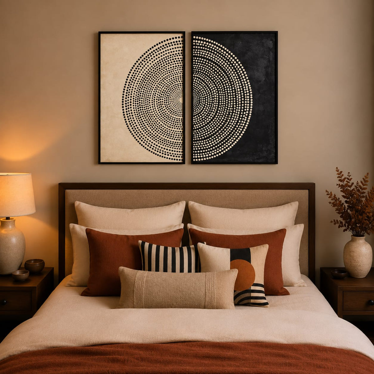 Modern Abstract Circle Wall Art Set of 2 – Black & Cream Framed Prints | 30 × 40 cm