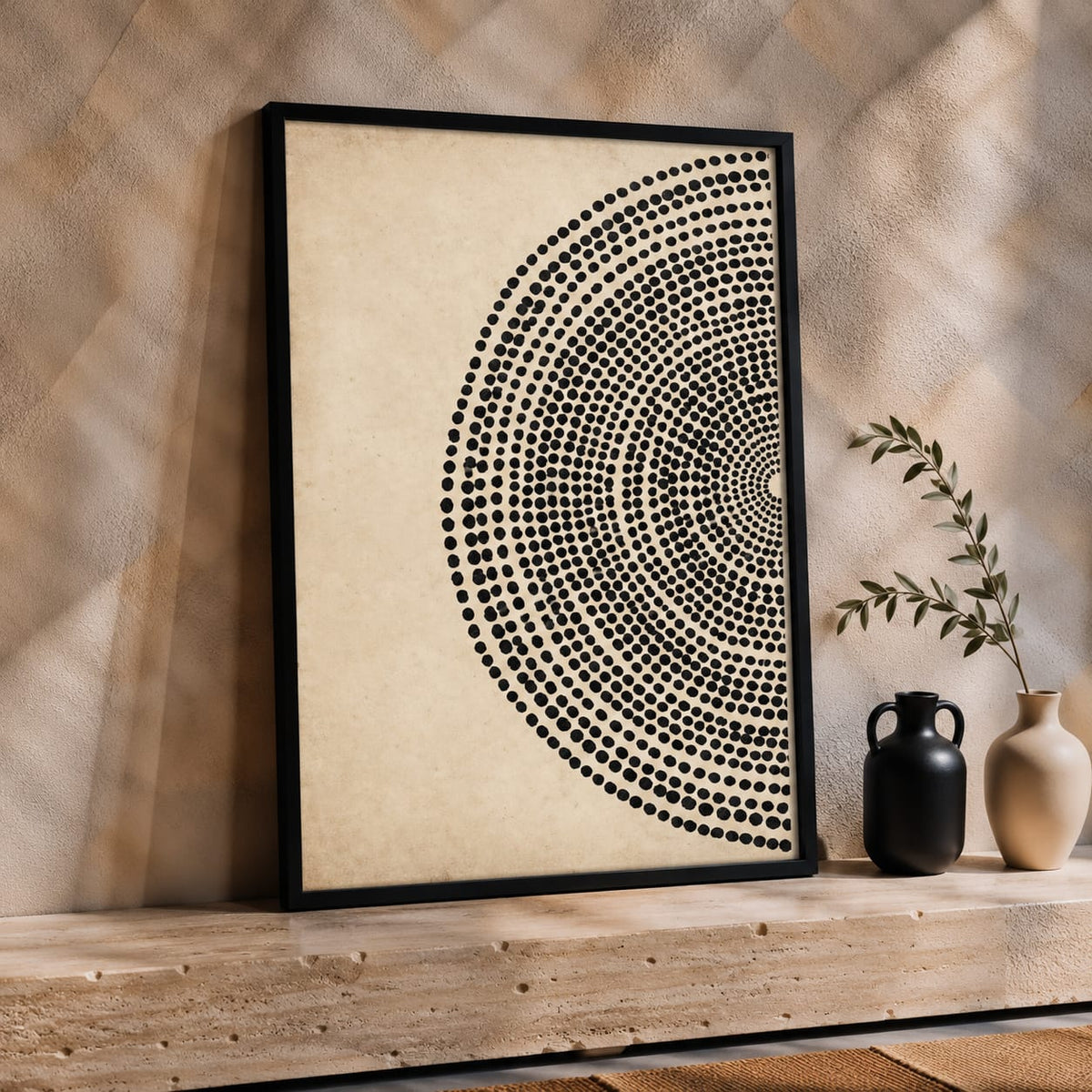 Modern Abstract Circle Wall Art Set of 2 – Black & Cream Framed Prints | 30 × 40 cm