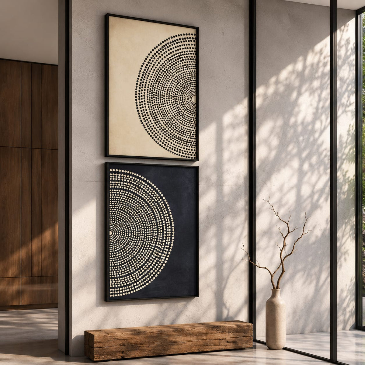 Modern Abstract Circle Wall Art Set of 2 – Black & Cream Framed Prints | 30 × 40 cm