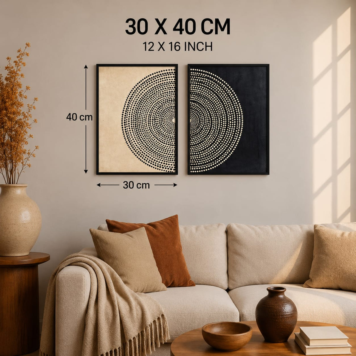 Modern Abstract Circle Wall Art Set of 2 – Black & Cream Framed Prints | 30 × 40 cm