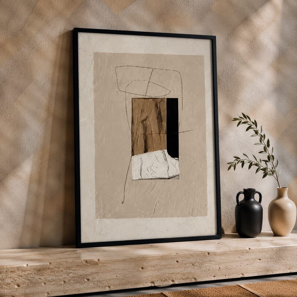 Contemporary Abstract Wall Art Set of 3 – Neutral Beige & Black Framed Prints | 30 × 40 cm