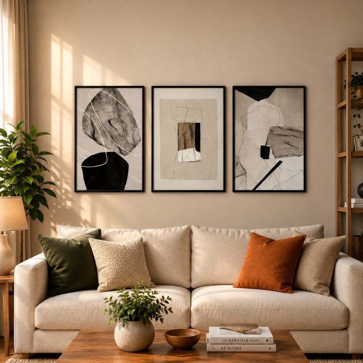 Contemporary Abstract Wall Art Set of 3 – Neutral Beige & Black Framed Prints | 30 × 40 cm