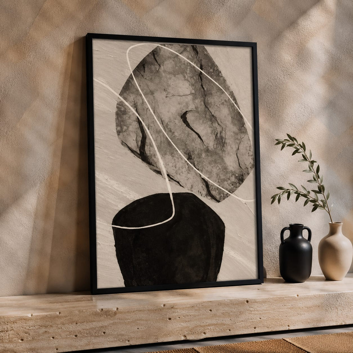 Contemporary Abstract Wall Art Set of 3 – Neutral Beige & Black Framed Prints | 30 × 40 cm